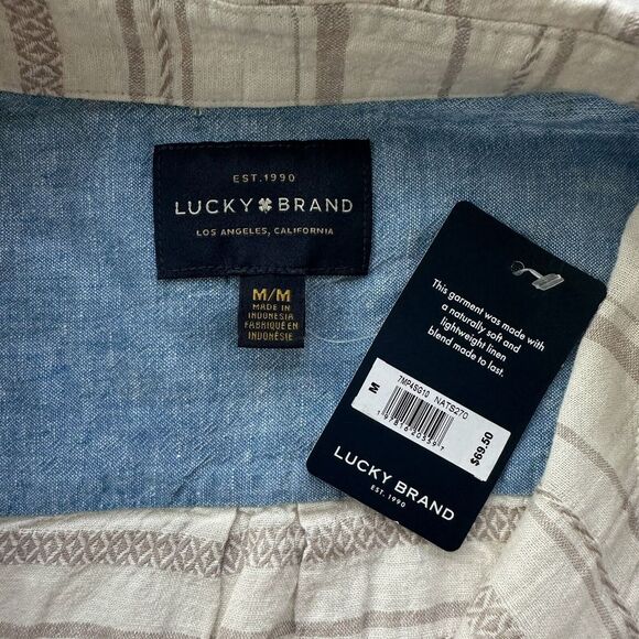 Lucky Brand Men's Medium Short Sleeve Button Up Shirt Linen Blend Beige Striped‎ - Picture 2 of 5